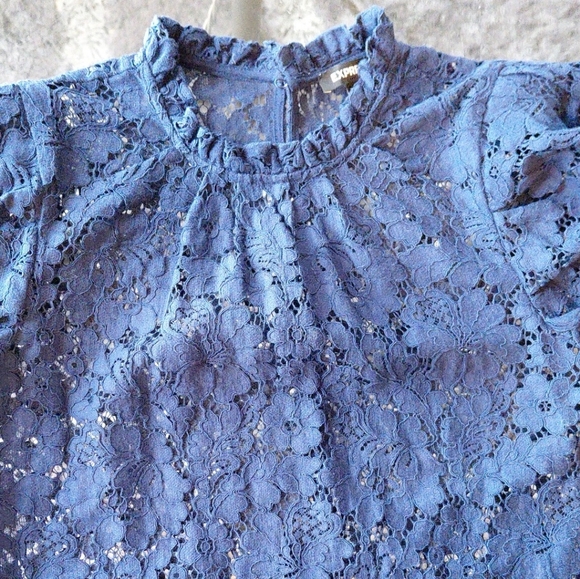 Express Women's Navy Blue Puffed Sleeves Lace Blouse Size S - Picture 6 of 11